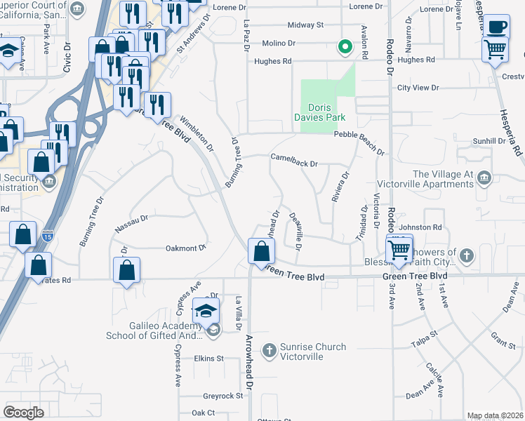map of restaurants, bars, coffee shops, grocery stores, and more near 13878 Quail Creek Place in Victorville