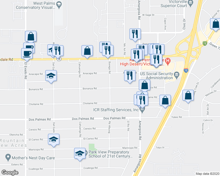 map of restaurants, bars, coffee shops, grocery stores, and more near 13899 Borego Road in Victorville