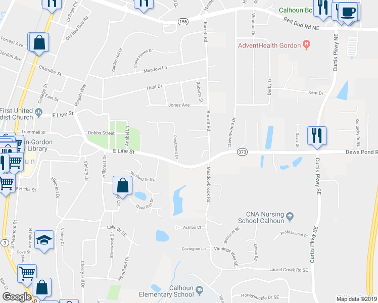 map of restaurants, bars, coffee shops, grocery stores, and more near 116 Waterford Drive in Calhoun