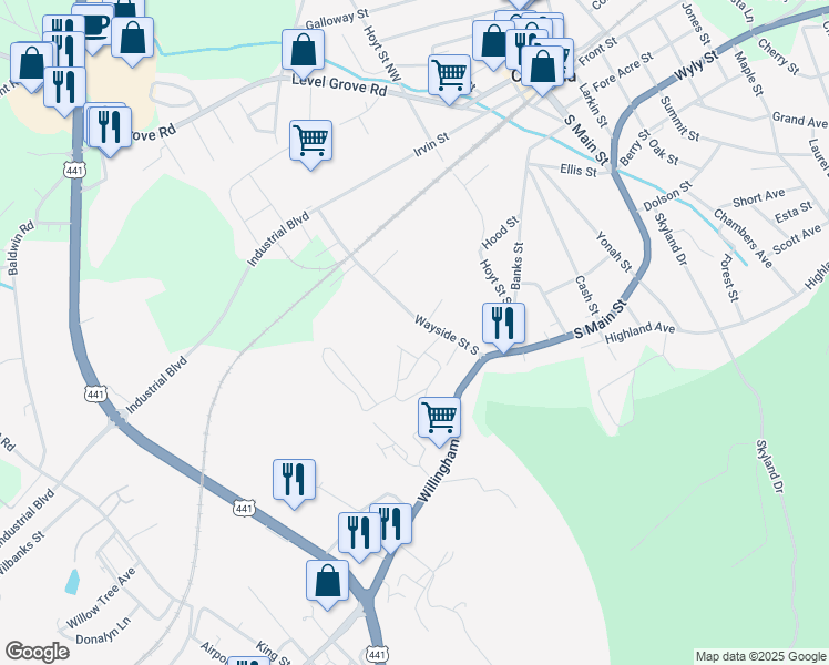 map of restaurants, bars, coffee shops, grocery stores, and more near 252 Wayside Street South in Cornelia