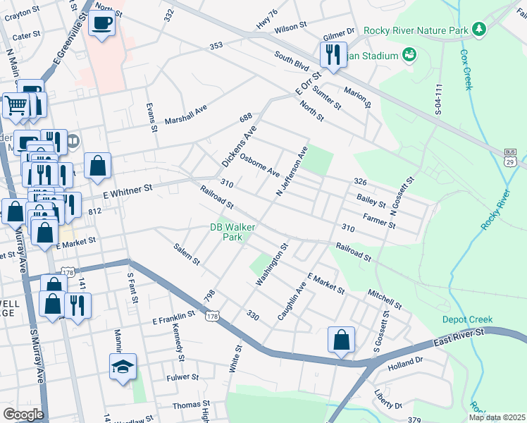 map of restaurants, bars, coffee shops, grocery stores, and more near 106 South Jefferson Avenue in Anderson