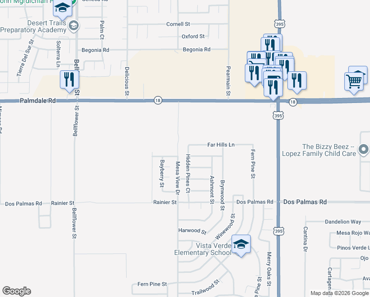 map of restaurants, bars, coffee shops, grocery stores, and more near 13902 Hidden Pines Court in Victorville