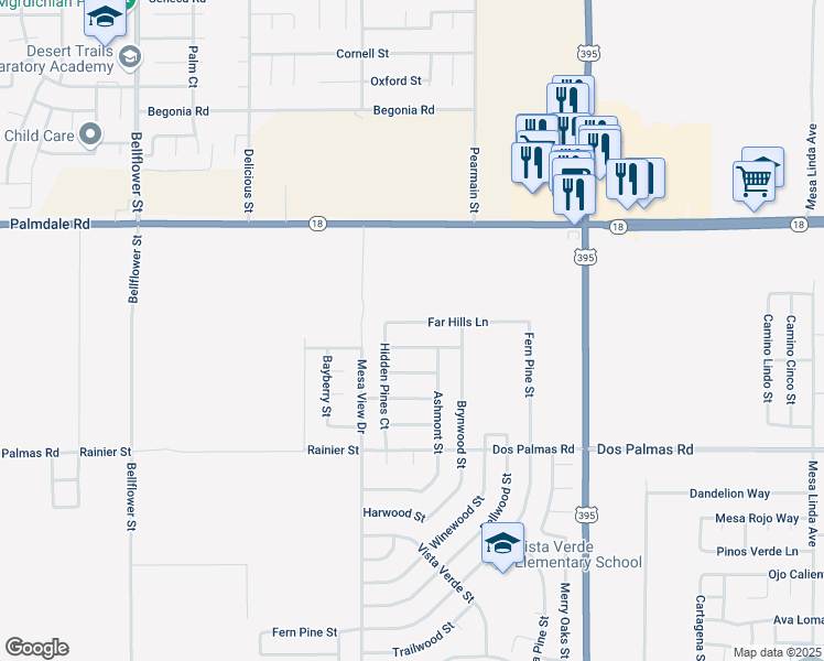 map of restaurants, bars, coffee shops, grocery stores, and more near 11772 Bobcat Hills Lane in Victorville
