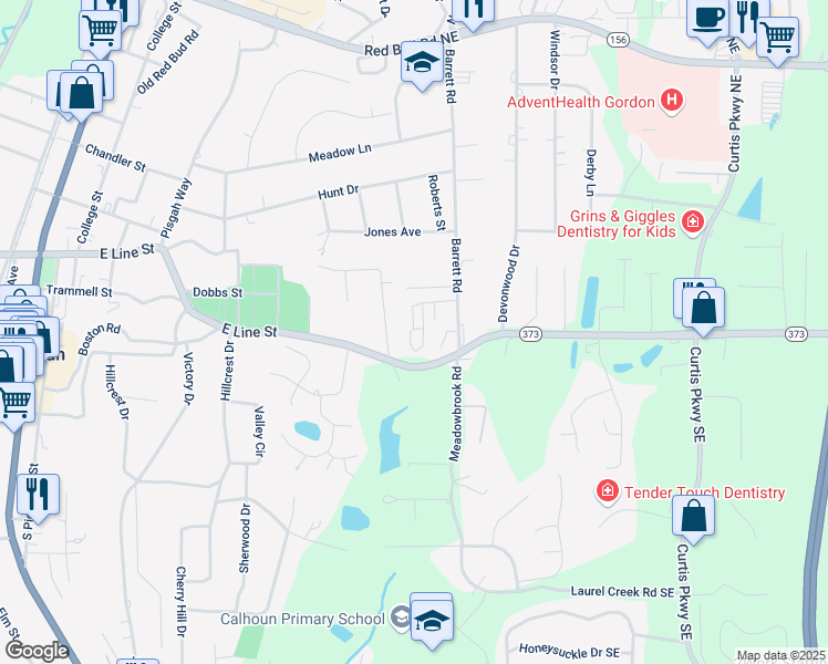 map of restaurants, bars, coffee shops, grocery stores, and more near 116 Waterford Drive in Calhoun
