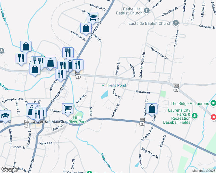 map of restaurants, bars, coffee shops, grocery stores, and more near 200 Pickens Street in Laurens