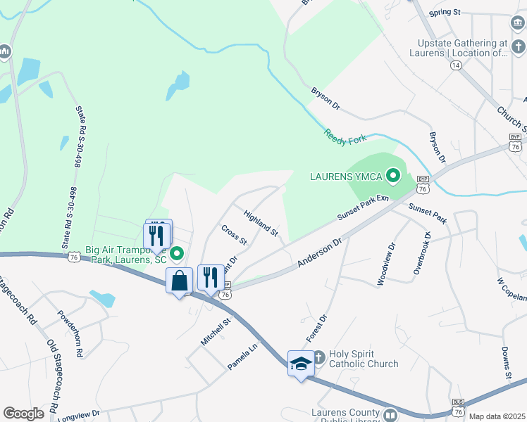 map of restaurants, bars, coffee shops, grocery stores, and more near 103 Hummingbird Lane in Laurens