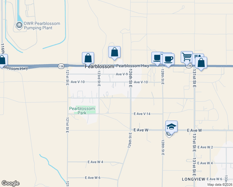 map of restaurants, bars, coffee shops, grocery stores, and more near 12399 East Avenue V 12 in Pearblossom
