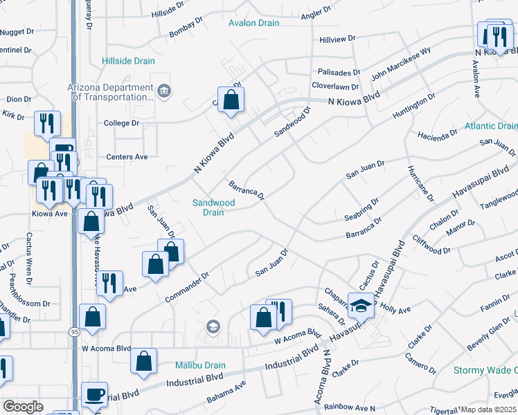 map of restaurants, bars, coffee shops, grocery stores, and more near 2188 Barranca Drive in Lake Havasu City