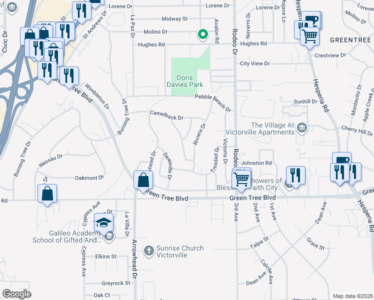 map of restaurants, bars, coffee shops, grocery stores, and more near 13885 Tam O Shanter Drive in Victorville