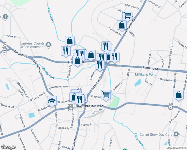 map of restaurants, bars, coffee shops, grocery stores, and more near 33 Hunters Court in Laurens