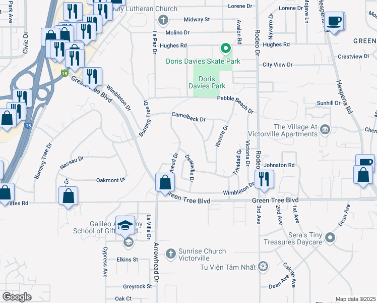 map of restaurants, bars, coffee shops, grocery stores, and more near 13887 Deauville Drive in Victorville