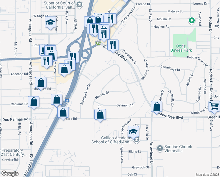 map of restaurants, bars, coffee shops, grocery stores, and more near 15840 Elcona Place in Victorville