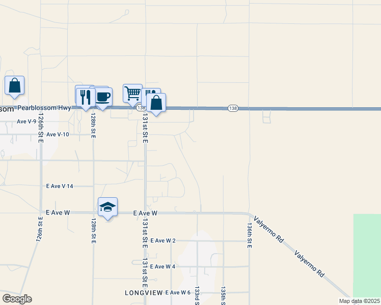 map of restaurants, bars, coffee shops, grocery stores, and more near 34024 133rd Street East in Pearblossom