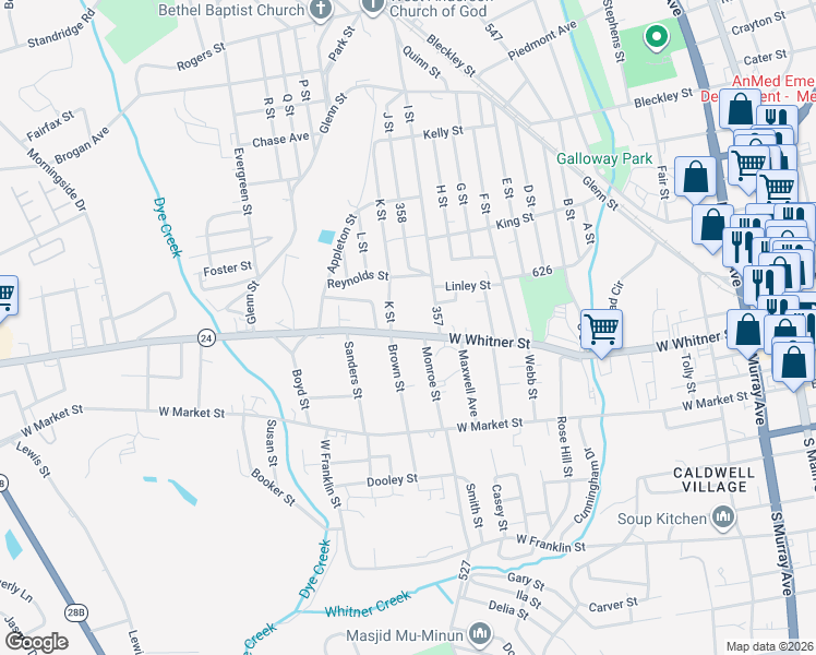 map of restaurants, bars, coffee shops, grocery stores, and more near 1205 West Whitner Street in Anderson