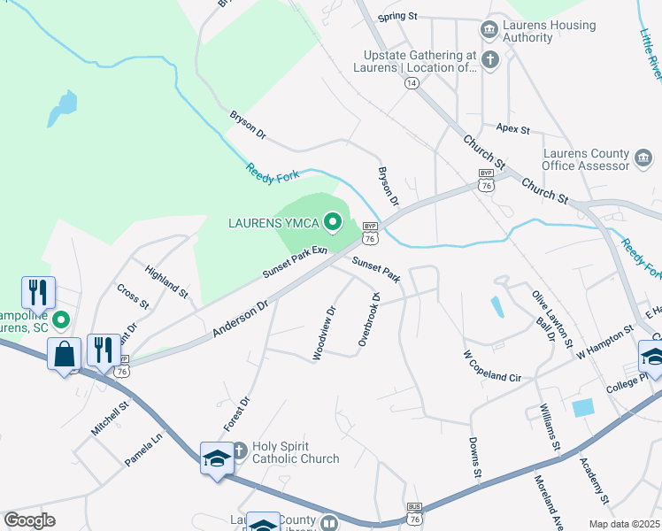 map of restaurants, bars, coffee shops, grocery stores, and more near 123 Woodview Drive in Laurens