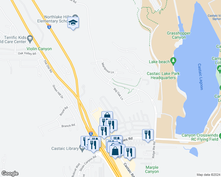 map of restaurants, bars, coffee shops, grocery stores, and more near 32121 Big Oak Lane in Castaic