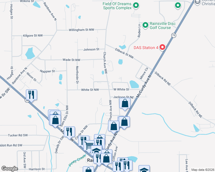 map of restaurants, bars, coffee shops, grocery stores, and more near 316 White Street in Rainsville