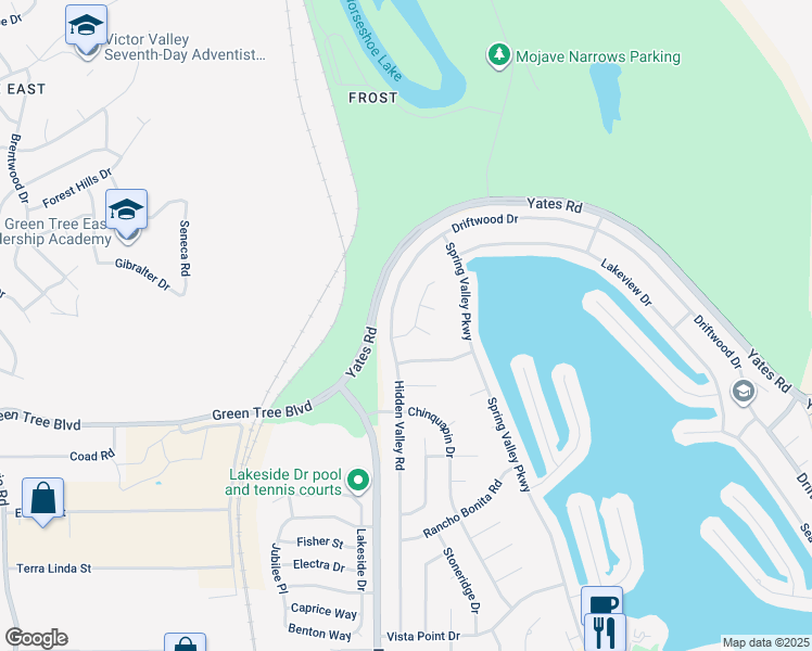 map of restaurants, bars, coffee shops, grocery stores, and more near 13870 Evergreen Lane in Victorville