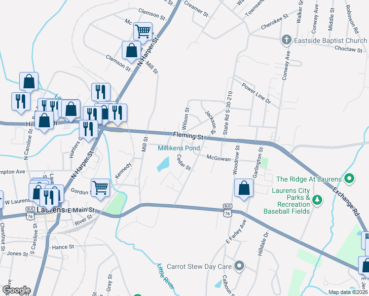map of restaurants, bars, coffee shops, grocery stores, and more near 101 Oak Street in Laurens