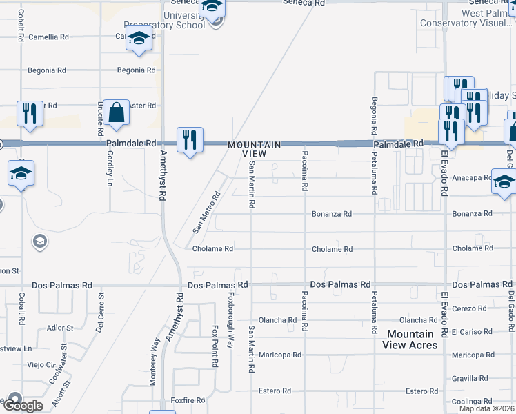 map of restaurants, bars, coffee shops, grocery stores, and more near 13970 Bonanza Road in Victorville
