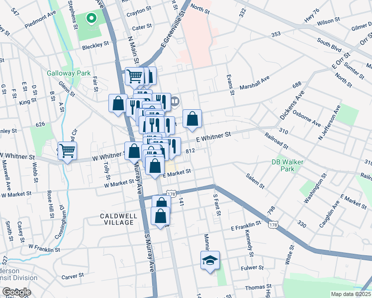 map of restaurants, bars, coffee shops, grocery stores, and more near 223 East Benson Street in Anderson