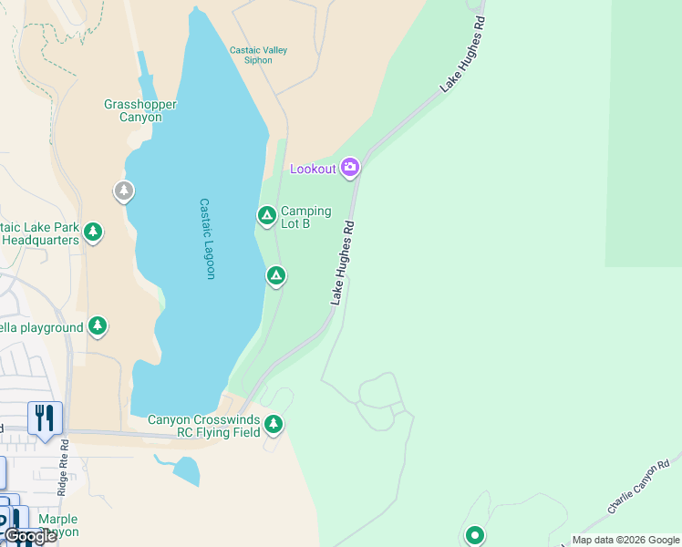 map of restaurants, bars, coffee shops, grocery stores, and more near 2 North Ridge Road in Castaic