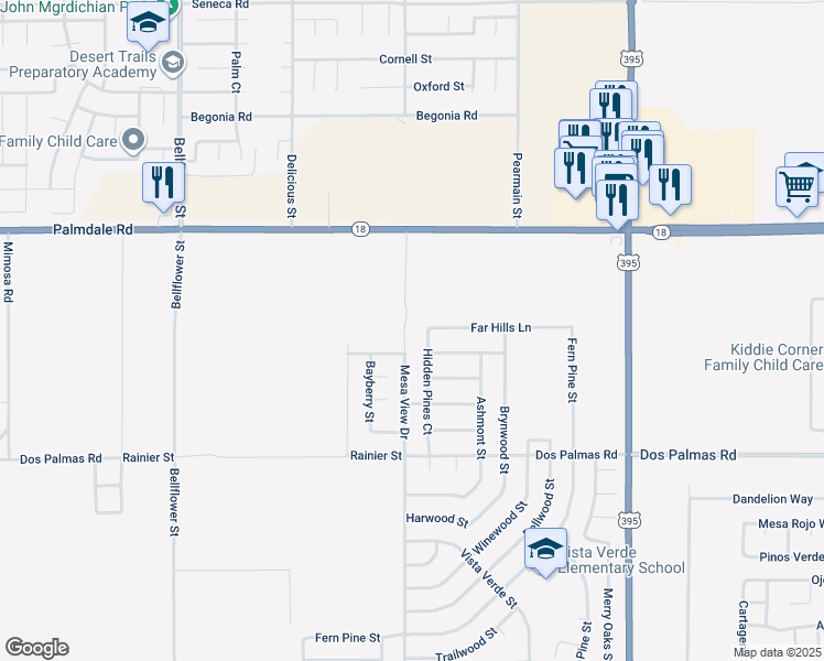 map of restaurants, bars, coffee shops, grocery stores, and more near 13913 Mesa View Drive in Victorville