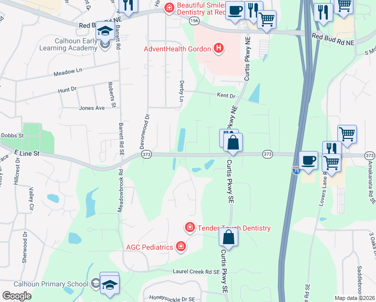 map of restaurants, bars, coffee shops, grocery stores, and more near 1111 Dews Pond Road in Calhoun