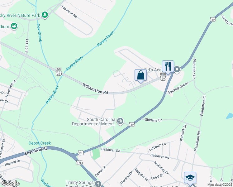 map of restaurants, bars, coffee shops, grocery stores, and more near 102 Nalley Drive in Anderson