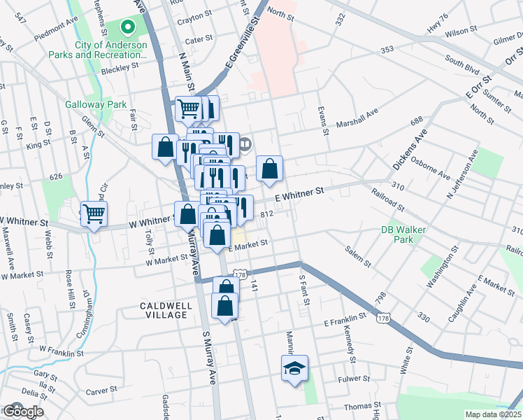 map of restaurants, bars, coffee shops, grocery stores, and more near 223 East Benson Street in Anderson