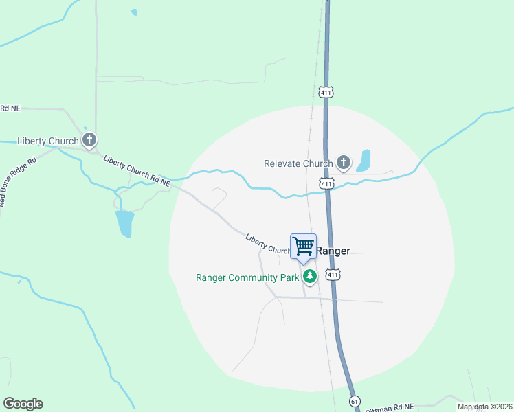 map of restaurants, bars, coffee shops, grocery stores, and more near 229 Liberty Church Road Northeast in Ranger