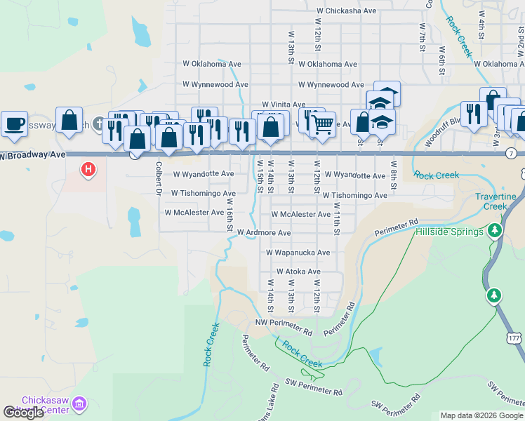 map of restaurants, bars, coffee shops, grocery stores, and more near 517 West 15th Street in Sulphur
