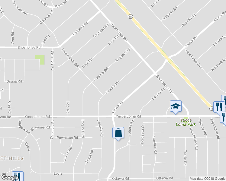 map of restaurants, bars, coffee shops, grocery stores, and more near 13881 Jicarilla Road in Apple Valley