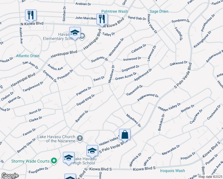 map of restaurants, bars, coffee shops, grocery stores, and more near 2295 Green Meadows Lane in Lake Havasu City