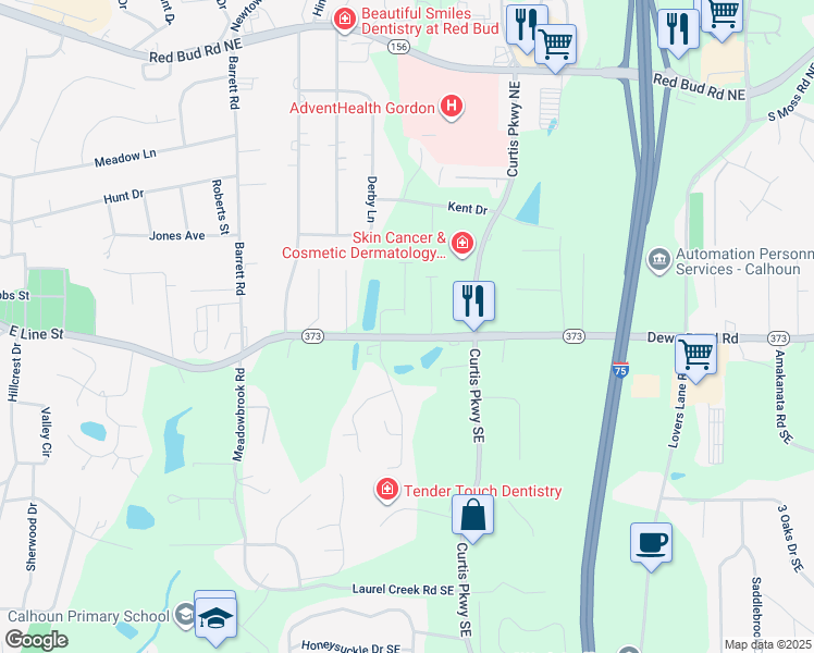 map of restaurants, bars, coffee shops, grocery stores, and more near 1110 Dews Pond Road Northeast in Calhoun