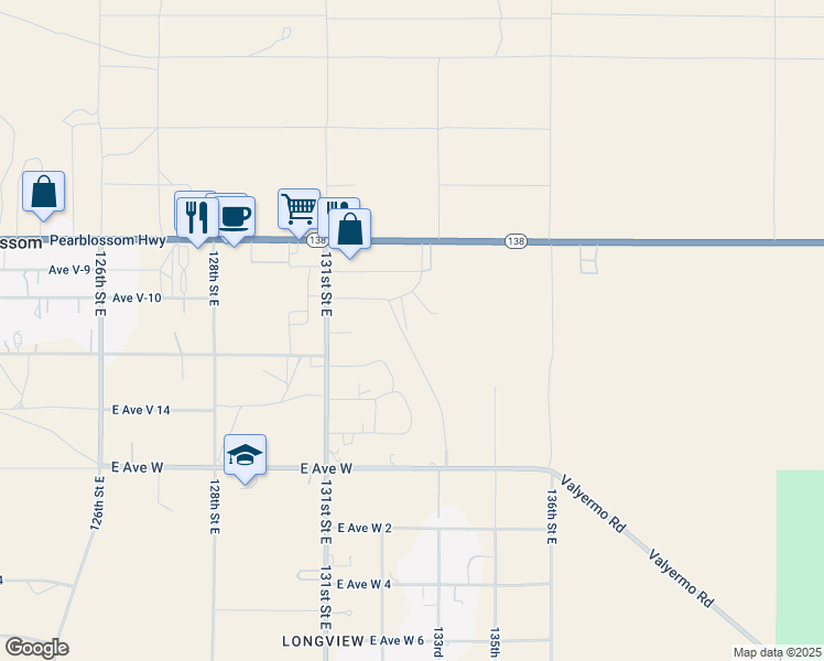 map of restaurants, bars, coffee shops, grocery stores, and more near 34024 133rd Street East in Pearblossom