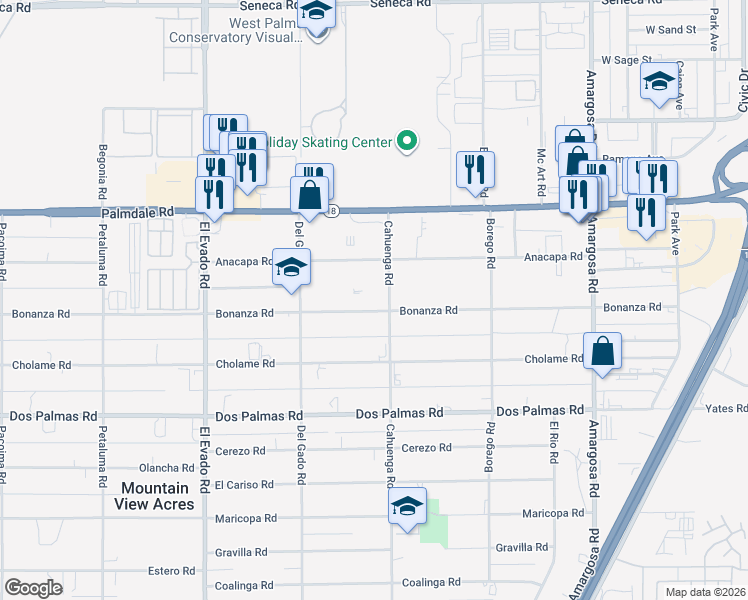 map of restaurants, bars, coffee shops, grocery stores, and more near 14856 Bonanza Road in Victorville