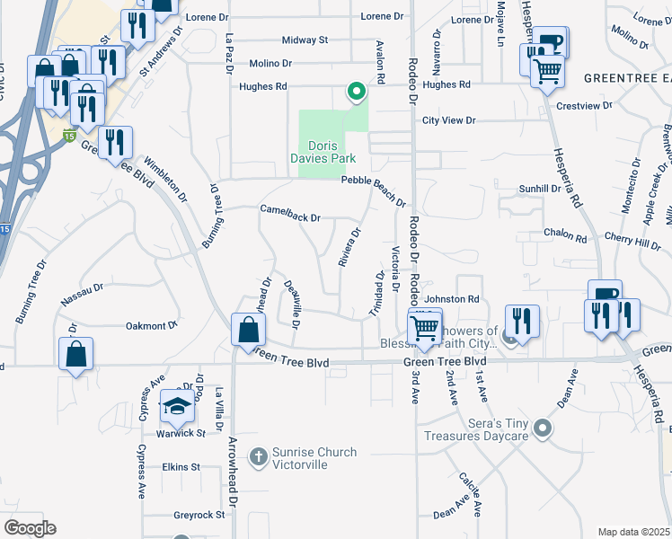 map of restaurants, bars, coffee shops, grocery stores, and more near 13870 Riviera Drive in Victorville