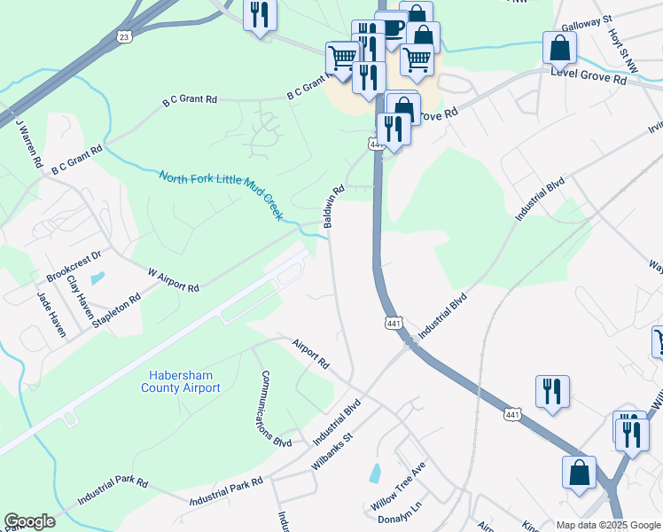 map of restaurants, bars, coffee shops, grocery stores, and more near 383 Baldwin Road in Cornelia