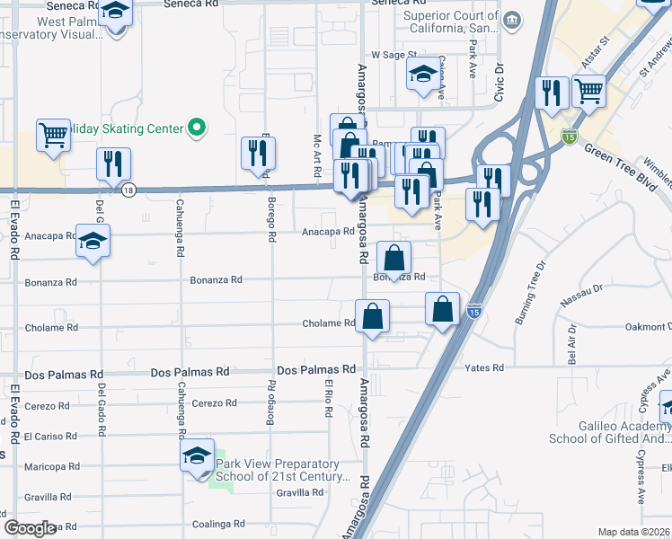 map of restaurants, bars, coffee shops, grocery stores, and more near 15224 Bonanza Road in Victorville