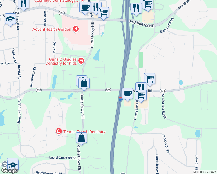 map of restaurants, bars, coffee shops, grocery stores, and more near 1270 Dews Pond Road in Calhoun