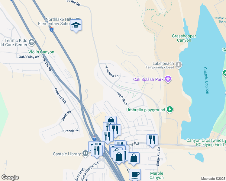 map of restaurants, bars, coffee shops, grocery stores, and more near 32131 Big Oak Lane in Castaic