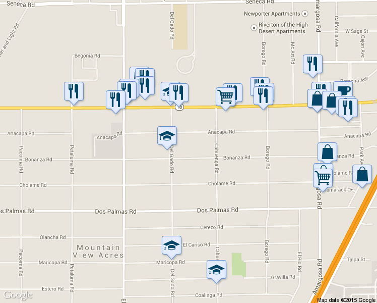 map of restaurants, bars, coffee shops, grocery stores, and more near 14770 Bonanza Road in Victorville