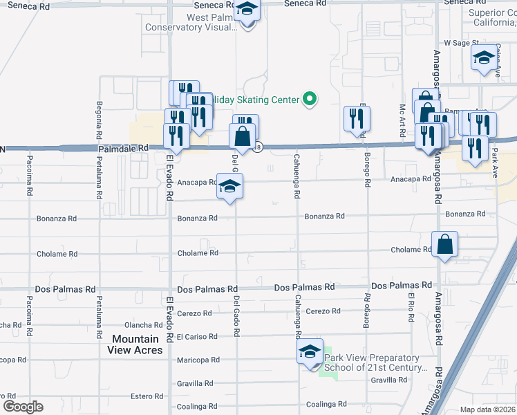 map of restaurants, bars, coffee shops, grocery stores, and more near 14770 Bonanza Road in Victorville