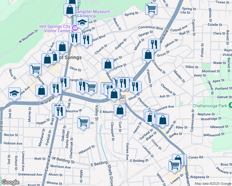 map of restaurants, bars, coffee shops, grocery stores, and more near 181 Hill Street in Hot Springs