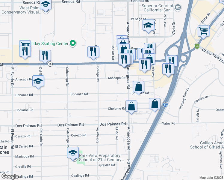 map of restaurants, bars, coffee shops, grocery stores, and more near 15165 Bonanza Road in Victorville