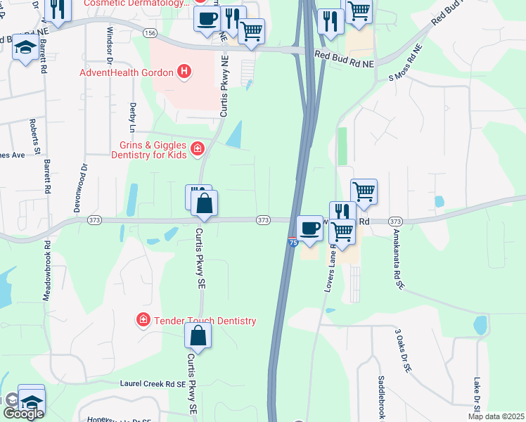 map of restaurants, bars, coffee shops, grocery stores, and more near 1270 Dews Pond Road in Calhoun