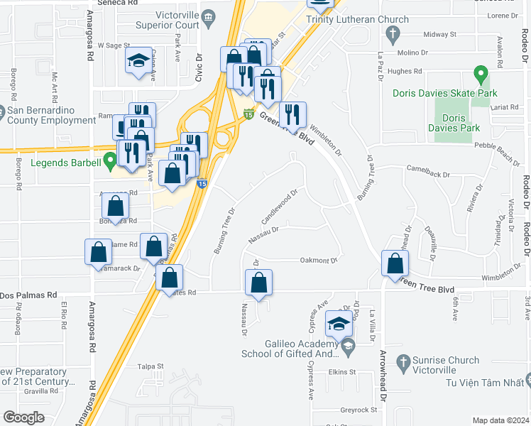 map of restaurants, bars, coffee shops, grocery stores, and more near 15784 Candlewood Drive in Victorville
