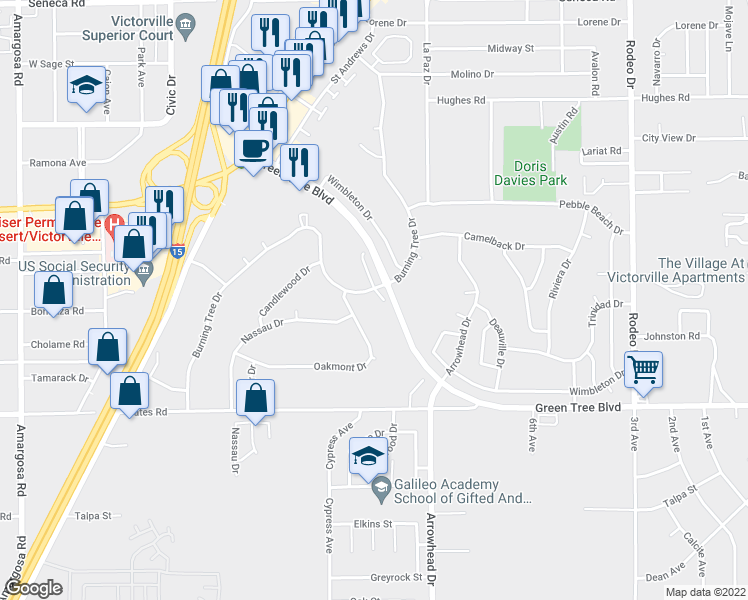 map of restaurants, bars, coffee shops, grocery stores, and more near 13918 Smoke Tree Road in Victorville