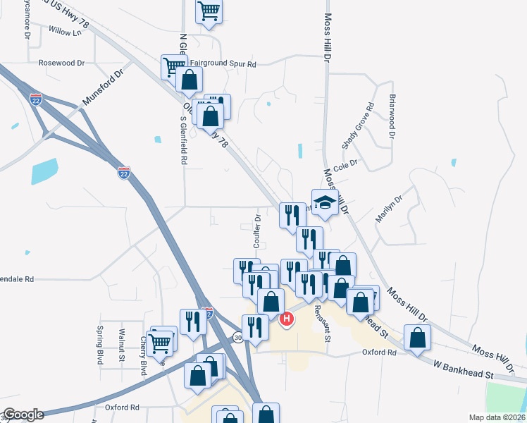 map of restaurants, bars, coffee shops, grocery stores, and more near 719-799 Coulter Dr in New Albany